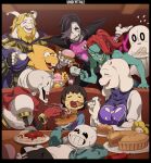  1other 3girls 4boys ^_^ alphys asgore_dreemurr black_border black_hair blonde_hair blue_skin blurry blurry_background blush blush_stickers border brown_hair burger cel_shading child closed_eyes colored_skin commentary copyright_name couch cup eating everyone eyepatch feeding flowey_(undertale) flying_sweatdrops food food_on_face frisk_(undertale) ghost gloves goat_boy goat_girl goat_horns grin happy highres holding holding_cup holding_food holding_plate horns hot_dog ice_cream indoors kamezaemon ketchup_bottle lying mettaton multiple_boys multiple_girls napstablook on_back on_couch on_table one_eye_covered open_mouth papyrus_(undertale) pasta pie plate red_gloves redhead robot sandwich sans sharp_teeth short_hair skeleton smile spaghetti sparkle steam swept_bangs table teeth toriel undertale undyne yellow_skin 