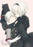  1boy 1girl 2b_(nier:automata) 9s_(nier:automata) :d akui_(liricoa) black_dress black_gloves black_hairband black_jacket bob_cut buttons closed_eyes collar dated double-breasted dress feather_sleeves gloves hairband highres hug hug_from_behind jacket mole mole_under_mouth nier:automata nier_(series) open_mouth pink_background pod_(nier:automata) simple_background smile teeth white_hair 