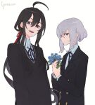  2girls ahoge black_eyes black_hair black_jacket black_sweater blazer blue_flower buttons character_request closed_mouth collared_shirt copyright_request english_text flower grey_hair hair_ribbon holding holding_flower jacket leaf light_frown long_hair looking_at_viewer multiple_girls open_mouth red_ribbon ribbon shirt short_hair sidelocks sideways_glance simple_background standing sweater tomatoma_(10mato_ma10) undershirt upper_body v-neck white_background white_shirt 