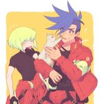  ! 2boys animal black_gloves black_shirt blue_eyes blue_hair blush cat closed_eyes clothes_around_waist commentary_request covering_own_mouth cropped_legs dirty firefighter_jacket galo_thymos gloves green_hair half_gloves hand_over_own_mouth hand_up highres holding holding_animal holding_cat holding_clothes holding_gloves jacket jacket_around_waist kome_1022 laughing lio_fotia looking_down male_focus mohawk multiple_boys open_clothes open_jacket open_mouth partial_commentary promare shirt short_hair short_sleeves sidelocks signature simple_background spiky_hair surprised sweat sweatdrop thick_eyebrows white_cat 
