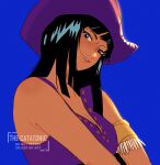  1girl armlet blue_background blue_eyes close-up commentary cowboy_hat hat highres looking_at_viewer nico_robin one_piece purple_headwear purple_shirt shirt simple_background sleeveless sleeveless_shirt smile solo thecatatonic 