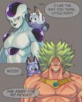  absurdres alien bald blue_fur bluey broly_(dragon_ball_z) clenched_teeth crossover dog dragon_ball dragon_ball_z english_text excuse_me_he_asked_for_no_pickles_(meme) fabarts frieza grey_background highres legendary_super_saiyan meme muscular saiyan scar speech_bubble spiky_hair super_saiyan teeth topless_male two-tone_fur 