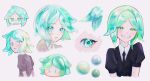  1other androgynous aqua_eyes aqua_hair black_necktie blush chibi crystal_hair gem_uniform_(houseki_no_kuni) green_eyes green_hair grin happy hashtag_only_commentary houseki_no_kuni looking_at_viewer looking_back looking_to_the_side multiple_views necktie orb other_focus parted_lips phosphophyllite piyo3pr puffy_short_sleeves puffy_sleeves short_hair short_sleeves simple_background smile sparkle surprised white_background 