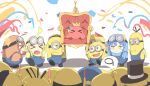  &gt;_&lt; 3girls absurdres ahoge blonde_hair blue_hair blue_overalls bocchi_the_rock! chair closed_eyes commentary_request confetti cosplay crown cube_hair_ornament despicable_me detached_ahoge goggles gotoh_hitori gotoh_hitori_(octopus) hair_ornament highres ijichi_nijika kaai_yuu kita_ikuyo minion_(despicable_me) minion_(despicable_me)_(cosplay) minions_(movie) multiple_girls multiple_others on_chair overalls redhead simple_background standing white_background yamada_ryo yellow_eyes 