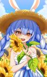  1girl absurdres animal_ears bare_shoulders blue_bow blue_dress blue_hair blue_sky bow braid brown_headwear clouds collarbone cumulonimbus_cloud dress field flower flower_field hair_between_eyes hat highres holding holding_flower hololive looking_at_viewer mcbox open_mouth orange_eyes outdoors pom_pom_(clothes) rabbit_ears sky spaghetti_strap straw_hat sunflower sunflower_field teeth thick_eyebrows twin_braids twintails upper_body upper_teeth_only usada_pekora virtual_youtuber waist_bow white_bow 