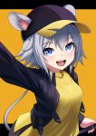  1girl absurdres animal_ears arknights baseball_cap black_headwear black_jacket blue_eyes blush click_(arknights) commentary_request ears_through_headwear grey_hair hair_between_eyes hat highres holding jacket kaminokado_akira long_sleeves looking_at_viewer mouse_ears mouse_girl mouse_tail open_mouth shirt short_hair smile solo tail teeth two-tone_background two-tone_headwear upper_body upper_teeth_only yellow_background yellow_shirt 