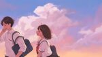  1boy 1girl ahoge bag brown_hair closed_eyes collared_shirt from_side highres kamogawa_akira open_mouth outdoors profile school_bag school_uniform serafuku shirt short_hair sky sunset 