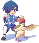  1boy bird blue_eyes blue_hair blue_kimono chibi commentary_request falkner_(pokemon) hair_over_one_eye hakama hakama_shorts haori japanese_clothes kimono kneehighs lowres momiage pidgeotto pokemon pokemon_(creature) pokemon_hgss shadow shoes shorts simple_background socks white_socks wings wristband 