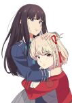  2girls black_hair blonde_hair blue_ribbon closed_mouth collared_shirt commentary dress grey_dress hair_ribbon hand_on_another&#039;s_head highres hug inoue_takina long_hair long_sleeves lycoris_recoil lycoris_uniform multiple_girls neck_ribbon nishikigi_chisato one_side_up pleated_dress red_dress red_eyes red_ribbon ribbon shirt short_hair sidelocks simple_background upper_body violet_eyes white_background white_shirt yu_(yu12040309a) yuri 