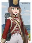  1girl absurdres ammunition_pouch artist_name backpack bag black_headwear blue_sky blush bolt_action border brown_hair clear_sky clouds cloudy_sky coat collared_coat commentary cowboy_shot criss-cross_straps day england english_commentary english_text gamryous girls_frontline green_eyes gun hair_between_eyes hair_knot hair_over_shoulder hat highres hill holding holding_gun holding_weapon lee-enfield lee-enfield_(girls&#039;_frontline) long_hair military_uniform open_mouth outdoors outside_border pants pouch red_coat rifle shako_cap shoulder_pouch sidelocks signature sky sleeping_bag smile solo strap teeth text_background uniform united_kingdom upper_teeth_only weapon white_border white_pants 