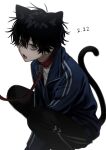  1boy absurdres animal_ears bags_under_eyes black_hair black_pants blue_jacket cat_boy cat_day cat_ears cat_tail collar fang grey_eyes hair_between_eyes highres imai_akira jacket leash long_sleeves looking_at_viewer male_focus open_mouth original pants red_collar shirt simple_background solo squatting tail track_jacket white_background 