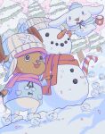  1boy antlers candy candy_cane carrot cinnamoroll commentary english_commentary food hat highres horns looking_up one_piece petals pink_scarf red_scarf reindeer_antlers salmonfordinner sanrio scarf snow snowman tony_tony_chopper 