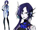  1girl black_eyes blue_hair english_commentary forehead_jewel jacket long_hair looking_at_viewer luna_(sol_cresta) manami_saito multiple_views official_art pale_skin sol_cresta transparent_background white_jacket 
