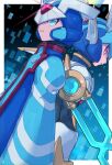  2boys armor artist_name blue_coat blue_eyes coat copy_x_(mega_man) forehead_jewel from_behind from_side glowing helmet highres looking_at_viewer mechanical_wings mega_man_(series) mega_man_zero_(series) multiple_boys red_eyes robot vani_(hisha_04) wings x_(mega_man) 