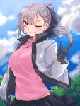  1girl ;d black_gloves blue_sky blush breasts clouds day gloves grey_eyes grey_hair highres jacket long_hair looking_at_viewer niwaikanai one_eye_closed original outdoors pleated_skirt skirt sky smile solo 