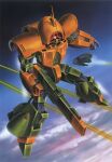  1980s_(style) aircraft asshimar beam_rifle clouds concept_art contrail energy_beam energy_gun flying gundam machinery mecha mobile_suit multiple_views no_humans official_art one-eyed ookawara_kunio radio_antenna retro_artstyle robot scan science_fiction thrusters traditional_media weapon zeta_gundam 