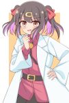  1girl belt black_belt blush border brown_eyes brown_hair coat collared_shirt colored_inner_hair commentary cowboy_shot hair_ornament hair_ribbon hairclip hand_on_own_hip hand_up highres keima_(mfng4224) lab_coat long_sleeves looking_at_viewer medium_hair multicolored_hair onii-chan_wa_oshimai! open_clothes open_coat open_mouth outside_border oyama_mihari pink_hair red_ribbon red_shirt ribbon shirt short_twintails sidelocks simple_background smile solo standing twintails two-tone_hair white_border white_coat yellow_background 
