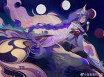  1girl abstract_background bird bird_on_hand braid genshin_impact hair_ornament hand_up highres japanese_clothes long_hair looking_at_animal mitsudomoe_(shape) mole mole_under_eye moon_phases purple_hair purple_nails raiden_shogun seiza single_braid sitting solo tomoe_(symbol) violet_eyes weibo_7109825671 