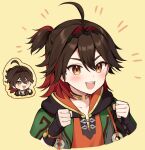  1boy black_gloves black_hoodie blush brown_eyes brown_hair chinese_clothes fingerless_gloves gaming_(genshin_impact) genshin_impact gloves hair_between_eyes highres hood hoodie iroiro_0w0 long_sleeves male_focus multicolored_hair open_mouth redhead smile yellow_background 