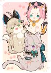  3girls ahoge animal animal_ear_fluff animal_ears animal_hands animal_nose animalization aqua_eyes beret black_bow black_fur blonde_hair blue_bow blush border bow brown_fur cat cat_ears cat_tail closed_mouth crossed_bangs cup diona_(genshin_impact) facial_mark flower genshin_impact gradient_background green_eyes green_hair grey_fur grey_hair grey_headwear hair_between_eyes hair_bow hair_ornament hat highres holding holding_cup holding_plate kirara_(genshin_impact) long_hair looking_at_viewer looking_down looking_up lynette_(genshin_impact) multicolored_background multicolored_fur multicolored_hair multiple_girls nasuka_gee open_mouth orange_fur orange_ribbon orange_scarf outside_border pink_background pink_hair plaid plaid_bow plate pom_pom_(clothes) pom_pom_hair_ornament ponytail ribbon scarf short_hair sidelocks smile star_(symbol) star_facial_mark streaked_hair tail topknot violet_eyes white_border white_fur x_hair_ornament yellow_background 