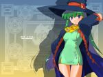  1girl blue_eyes blush breasts coat commentary_request dress expressionless green_dress green_hair hat long_hair looking_at_viewer masou_shizuka official_art official_wallpaper open_clothes open_coat orion_(orionproject) rance_(series) rance_vi short_dress small_breasts solo thigh_gap wizard_hat 