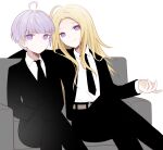  2boys ahoge alternate_costume black_jacket black_necktie black_pants black_suit blonde_hair closed_mouth collared_shirt couch crossed_legs feet_out_of_frame formal highres jacket long_hair long_sleeves looking_at_viewer makoto_kagutsuchi male_focus master_detective_archives:_rain_code multiple_boys necktie on_couch pants purple_hair qiao_xing shirt short_hair simple_background sitting smile spoilers suit violet_eyes white_background white_shirt yuma_kokohead 