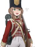  1girl absurdres ammunition_pouch artist_name backpack bag black_headwear blush bolt_action brown_hair coat collared_coat commentary cowboy_shot criss-cross_straps england english_commentary gamryous girls_frontline green_eyes gun hair_between_eyes hair_knot hair_over_shoulder hat highres holding holding_gun holding_weapon lee-enfield lee-enfield_(girls&#039;_frontline) long_hair military_uniform open_mouth pants pouch red_coat rifle shako_cap shoulder_pouch sidelocks signature simple_background sleeping_bag smile solo strap teeth uniform united_kingdom upper_teeth_only weapon white_background white_pants 