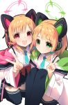  2girls :3 :d animal_ear_headphones animal_ears ariko_youichi black_skirt black_thighhighs blue_archive blue_bow blue_necktie blunt_bangs blush bow cat_day cat_ears center_frills closed_mouth collared_shirt commentary_request expressionless fake_animal_ears feet_out_of_frame frills green_eyes green_halo hair_bow halo hand_up headphones kneeling knees_up long_sleeves looking_at_viewer midori_(blue_archive) miniskirt momoi_(blue_archive) multiple_girls necktie open_mouth orange_hair parted_bangs pink_halo pleated_skirt red_bow red_eyes shirt short_hair short_necktie siblings sidelocks simple_background sisters sitting skirt smile thigh-highs twins v v-shaped_eyebrows white_background white_shirt wide_sleeves zettai_ryouiki 