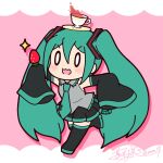  1girl 59mina :3 aqua_hair aqua_trim bare_shoulders black_skirt black_sleeves black_thighhighs chibi cup cup_on_head detached_sleeves food fruit grey_shirt hair_between_eyes hatsune_miku holding holding_food holding_fruit light_blush long_hair long_sleeves o_o open_mouth pink_background pleated_skirt running shadow shirt sidelocks signature skirt sleeveless sleeveless_shirt solo sparkle strawberry teacup thigh-highs twintails very_long_hair vocaloid white_background white_eyes wide_sleeves 