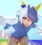  1girl animal_ears blue_hair blue_shirt blue_sky brown_pants collared_shirt commentary_request cowboy_shot ear_covers ear_ornament grass hair_between_eyes highres horse_ears horse_girl horse_tail k.s.miracle_(umamusume) light_blue_hair long_sleeves official_alternate_costume open_mouth outdoors pants shirt short_hair sky solo tail teeth umamusume upper_teeth_only violet_eyes water yoojp 