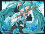  1girl aqua_eyes aqua_hair aqua_necktie bare_shoulders black_skirt black_sleeves breasts detached_sleeves grey_shirt guitar hair_ornament hatsune_miku headphones holding holding_guitar holding_instrument instrument long_hair medium_breasts miniskirt music musical_note necktie one_eye_closed open_mouth playing_instrument pleated_skirt roozaku shirt signature skirt sleeveless solo sparkle sparkling_eyes thigh-highs twintails very_long_hair vocaloid zettai_ryouiki 
