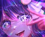  1girl arisu_art blurry close-up commentary_request depth_of_field hair_between_eyes hair_ornament hoshino_ai_(oshi_no_ko) long_hair looking_at_viewer open_mouth oshi_no_ko purple_hair rabbit_hair_ornament signature solo star-shaped_pupils star_(symbol) symbol-shaped_pupils teeth v_over_eye violet_eyes 