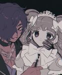  1boy 1girl absurdres aura black_background black_collar bone_oyasumi bow chain closed_mouth collar dark-skinned_male dark_aura dark_skin empty_eyes falulu hair_bow hair_over_one_eye hand_on_another&#039;s_face headphones highres holding holding_key idol_land_pripara key keyhole long_hair looking_at_viewer mario_(pripara) open_mouth pretty_series pripara puffy_short_sleeves puffy_sleeves red_eyes short_hair short_sleeves sidelocks simple_background smile tiara twintails upper_body 