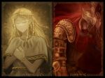  1boy 1girl amputee armor blonde_hair bracelet braid brother_and_sister cape closed_eyes closed_mouth covered_eyes crown_braid dress elden_ring gold_armor gold_bracelet gold_trim helmet helmet_over_eyes highres jewelry long_hair malenia_blade_of_miquella miquella_(elden_ring) multiple_braids prosthesis prosthetic_arm red_cape redhead siblings side_braid side_braids temmaru1 triple_amputee tunic twin_braids twins wavy_hair white_tunic winged_helmet 