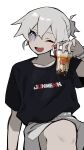  122pxsheol 1boy :d bubble_tea cup fang highres holding holding_cup light_blush long_eyelashes one_eye_closed original print_shirt shirt short_ponytail shorts smile solo t-shirt violet_eyes watch watch white_background white_hair white_shorts 