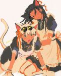  2boys 68mr_0 absurdres animal_ears apron black_eyes black_hair blue_eyes cat_boy cat_ears cat_tail eyewear_on_head getou_suguru gloves gojou_satoru highres jujutsu_kaisen kneeling long_hair maid maid_apron multiple_boys short_hair tail white_eyelashes white_hair 