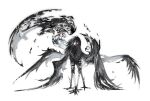  animal_feet bandaged_leg bandages black_feathers black_hair black_wings colored_skin creature feathers full_body gothic highres kamikiririp looking_at_viewer no_humans open_mouth original red_eyes sphinx tail talons white_background white_skin wings 