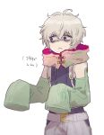  1boy bags_under_eyes bare_shoulders chiimako detached_sleeves fingerless_gloves gloves gnosia grey_eyes grey_hair hair_between_eyes looking_at_viewer male_focus remnan_(gnosia) short_hair simple_background translation_request v-shaped_eyebrows violet_eyes white_background 