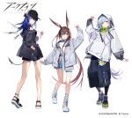  1boy 2girls :o amiya_(arknights) animal_ears arknights bare_legs baseball_cap black_footwear black_headwear black_jacket black_pants black_skirt black_tank_top blue_eyes blue_hair blue_skirt brown_hair commentary copyright_name copyright_notice demon_girl demon_horns demon_tail detached_wings facing_away full_body gradient_hair green_skirt hachihito hair_between_eyes hand_up hat highres hood hood_up hoodie horns infection_monitor_(arknights) jacket jewelry light_blue_hair long_hair long_sleeves looking_at_viewer looking_back mizuki_(arknights) mostima_(arknights) multicolored_hair multiple_girls official_art open_clothes open_jacket pants pink_eyes plaid plaid_skirt purple_hair rabbit_ears rabbit_girl ring sandals shirt shoes simple_background skirt smile sneakers socks tail tank_top very_long_hair white_background white_footwear white_hoodie white_jacket white_shirt white_socks wings 