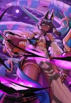  1girl animal_ears black_hair circlet closed_mouth clouds commentary dark-skinned_female dark_skin detached_sleeves dragalia_lost egyptian_clothes english_commentary fake_animal_ears hair_ornament highres jackal_ears jewelry magic nefaria outdoors pelvic_curtain purple_sky short_hair sky solo ttikhii 