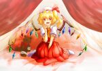  1girl ascot bed blonde_hair braid curtains flandre_scarlet hat highres medium_hair mob_cap on_bed pillow red_ascot red_eyes shee_take sitting socks solo stuffed_animal stuffed_toy teddy_bear touhou white_socks wings 