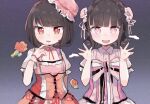  2girls :d ama_mauru animification arm_behind_back black_hair blunt_bangs blush brown_hair bun_cover commentary_request cowboy_shot double_bun dress finger_to_mouth flower hair_bun hand_up hands_up highres idol_clothes looking_at_viewer multiple_girls open_hands open_mouth pink_dress pink_eyes puffy_short_sleeves puffy_sleeves real_life red_dress red_eyes red_flower red_rose renoa_yu rose seireki13ya shiki_towa short_hair short_sleeves smile standing 