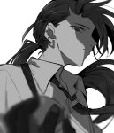  1girl blurry commentary_request depth_of_field ear_piercing earrings frown gloves greyscale hei_tai_(kyaputen1) highres holding holding_poke_ball jewelry low_ponytail monochrome piercing poke_ball pokemon pokemon_sv ponytail portrait profile reverse_trap rika_(pokemon) shaded_face solo suspenders 