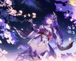  1girl absurdres braid cherry_blossoms genshin_impact hair_ornament hand_on_own_chest hand_up highres japanese_clothes long_hair looking_at_viewer looking_down mitsudomoe_(shape) mole mole_under_eye moon night night_sky purple_hair purple_nails raiden_shogun reflection reflective_water ripples single_braid sky solo star_(sky) starry_sky tomoe_(symbol) tree00227 violet_eyes 