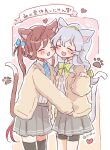  2girls animal_ears asagumo_(kancolle) ascot bike_shorts black_thighhighs blue_ascot bow bowtie braid brown_hair brown_jacket cat_ears cat_tail closed_eyes collared_shirt dress_shirt extra_ears feet_out_of_frame green_bow green_bowtie green_hairband grey_hair grey_skirt hairband jacket kantai_collection long_hair miko_(35nikomi) multiple_girls pleated_skirt shirt shorts shorts_under_skirt single_braid skirt tail thigh-highs twintails wavy_hair white_shirt yamagumo_(kancolle) 