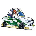  1girl black_eyes chibi do_it_yourself!! driving duz english_commentary from_side highres looking_at_viewer open_mouth simple_background smile solo stance_(vehicle) toyota toyota_cresta vehicle_focus white_background yasaku_rei 