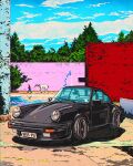  car clouds highres horse motor_vehicle no_humans original people porsche porsche_911 porsche_930 rudcef shadow sky sports_car tree vehicle_focus western_comics_(style) 