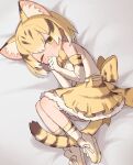  1girl animal_ears back_bow bare_shoulders blonde_hair blush bow bowtie brown_hair cat_ears cat_girl cat_tail commentary_request curled_up elbow_gloves extra_ears frilled_skirt frills from_above gloves hair_between_eyes high-waist_skirt highres kemono_friends loafers looking_at_viewer multicolored_hair noamem on_bed print_bow print_bowtie print_gloves print_skirt print_socks sand_cat_(kemono_friends) sand_cat_print shirt shoes short_hair sidelocks skirt sleeveless socks solo tail white_footwear white_gloves white_hair white_shirt yellow_eyes 