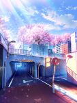  absurdres apartment blue_sky building cherry_blossoms cherry_tree clouds commentary_request day guard_rail highres light_rays no_humans original outdoors railing road road_sign scenery sign sky smile_(qd4nsvik) spring_(season) sunbeam sunlight traffic_mirror tunnel vanishing_point window 