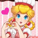  1girl :d blonde_hair blue_eyes braid chef_hat earrings hat heart heart_hands highres jewelry long_hair multicolored_background open_mouth pink_scarf portrait princess_peach puffy_short_sleeves puffy_sleeves sasaki_sakiko scarf short_sleeves smile solo super_mario_bros. twin_braids 